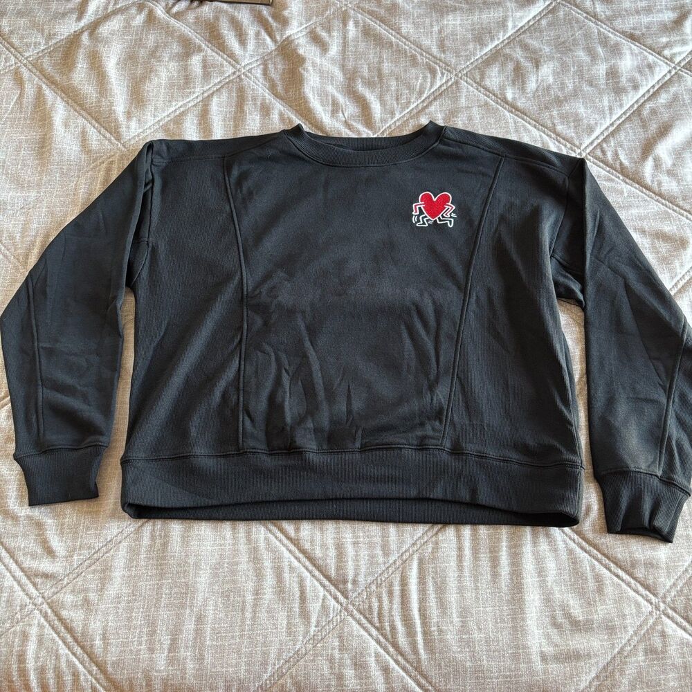 Keith Haring Embroidered Heart Crewneck Sweatshirt and Jogger Set Black